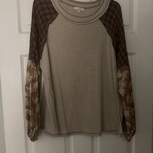 Easel Brown Ribbed Long Sleeve Blouse